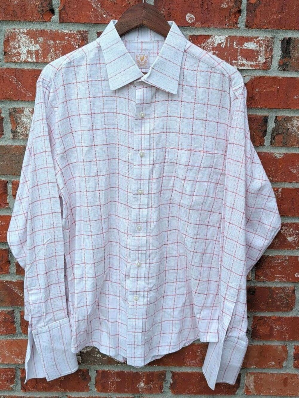 Volky Button Down Shirt Mens L White Red Windowpane French Cuff Textured Dress